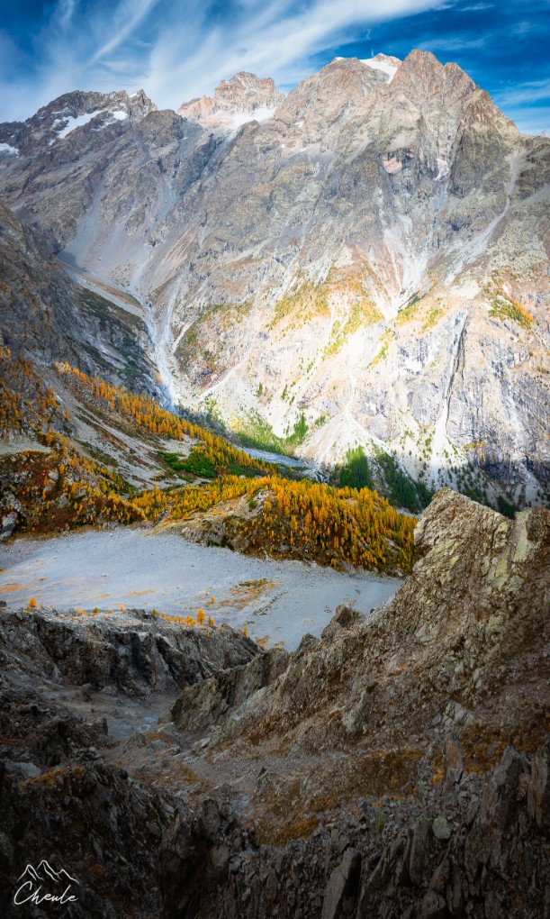 © Cheule Photography - Panoramique - Panorama - Écrins - Paysage - Pelvoux - Mélèzes - Hautes Alpes - Pic Sans Nom - La Blanche - Automne - La Rouya - Clapouse 